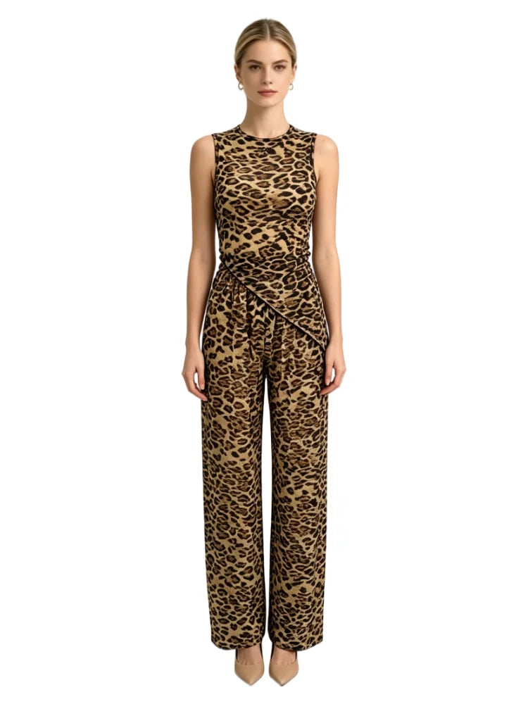 Women's Leopard Print Two-Piece Set | Sleeveless Crop Top & Wide Leg Trousers
