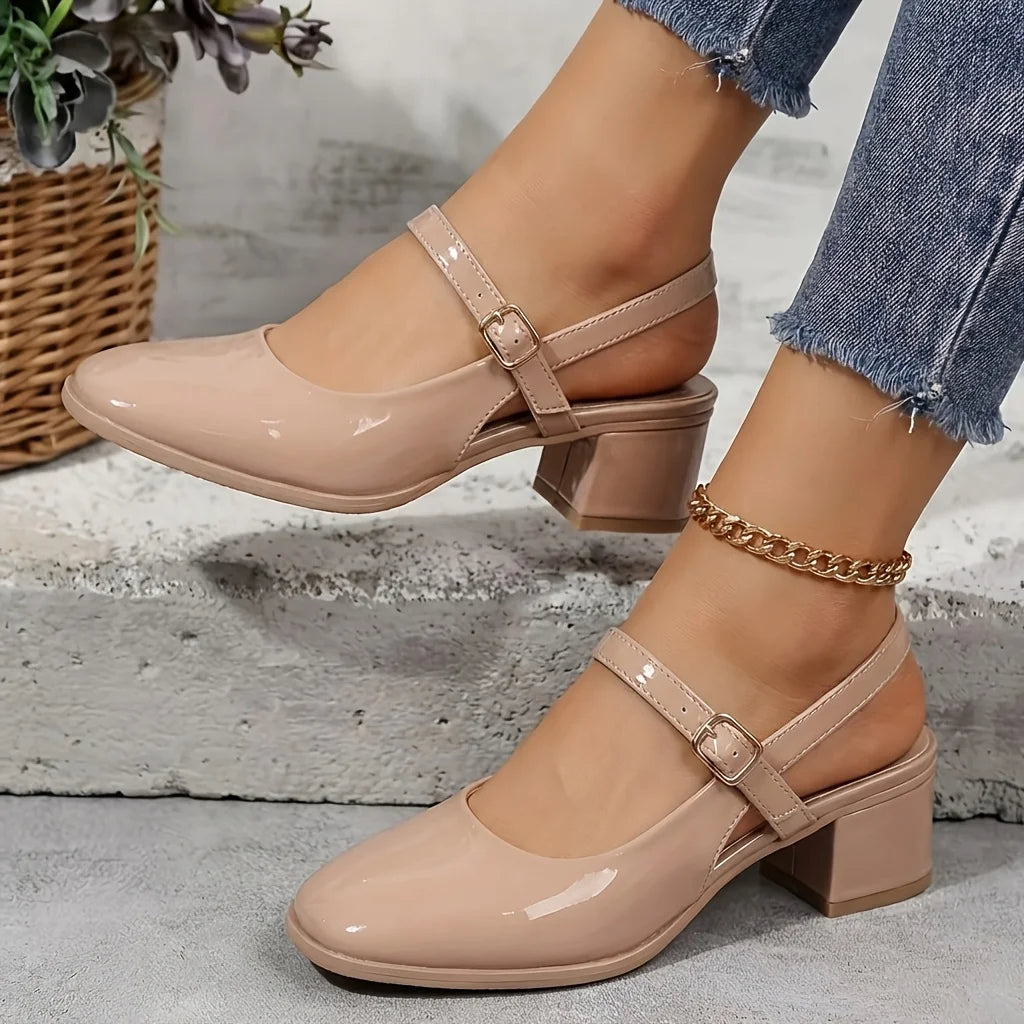 Women's Patent Leather Slingback Mary Jane Pumps | Block Heel Ankle Strap Dress Shoes
