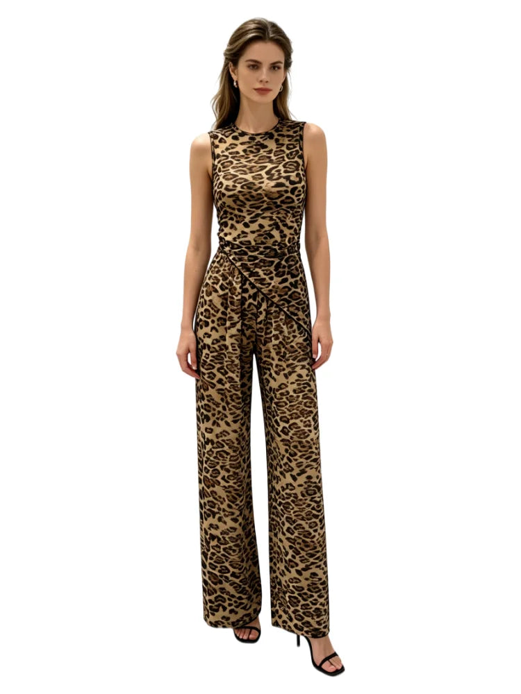 Women's Leopard Print Two-Piece Set | Sleeveless Crop Top & Wide Leg Trousers