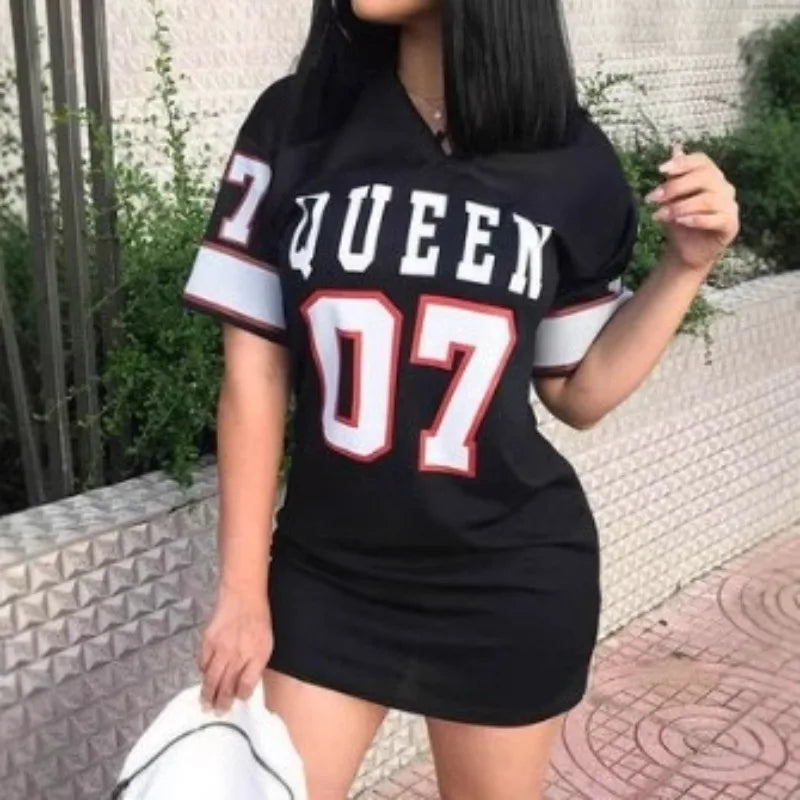 V-Neck Letter Print Mini Dress — Sporty Short Sleeve Streetwear