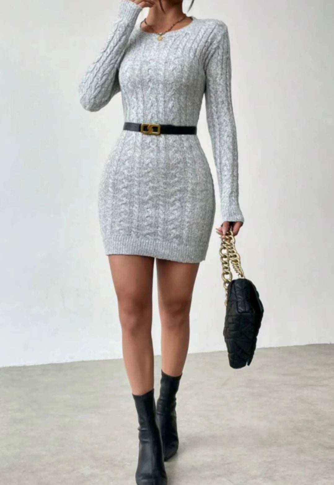 Slim Knit Crew Neck Mini Dress — Autumn Winter Bodycon Base Dress