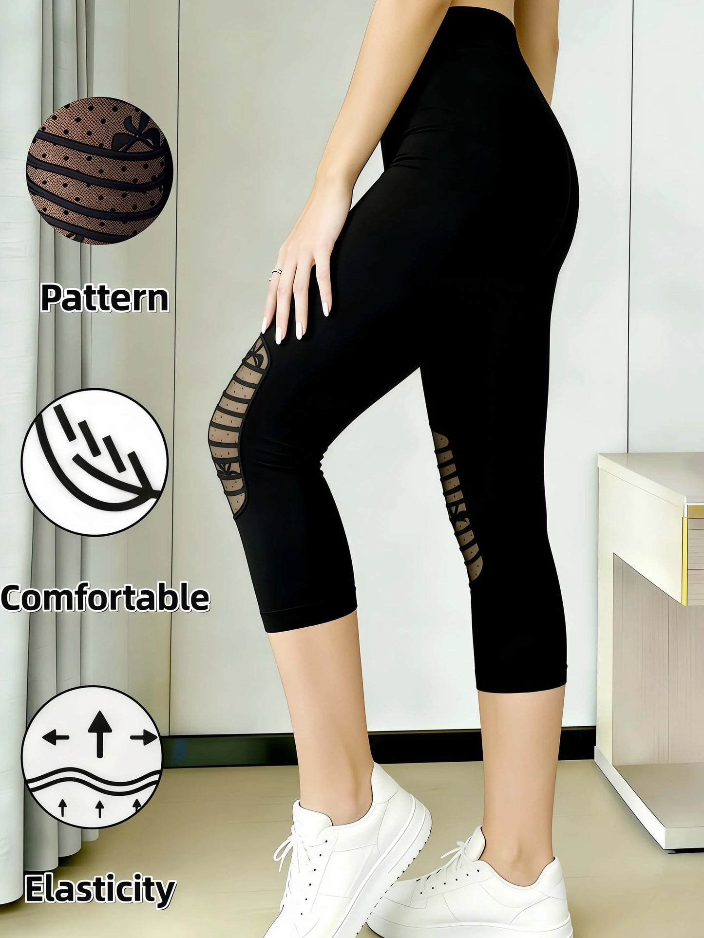 Women's Fashion Polka Dot Mesh Patchwork Capri Leggings High Waist Stretchable Comfortable Breathable Slimming Perfect for Daily
