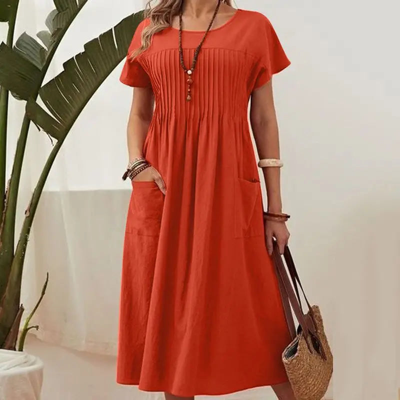 O-Neck Solid Midi Sundress — Elegant Short Sleeve Holiday Dress