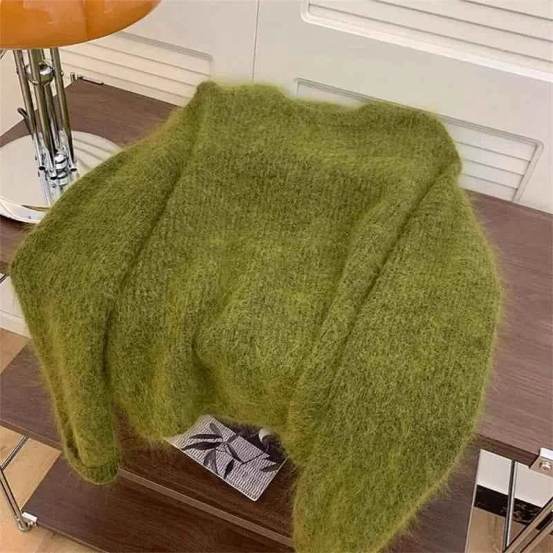 Women's Fashion Simple Casual Green Soft All Match Knitted Sweater Female O Neck Long Sleeve Loose Pullover Tops Sweet Sweaters
