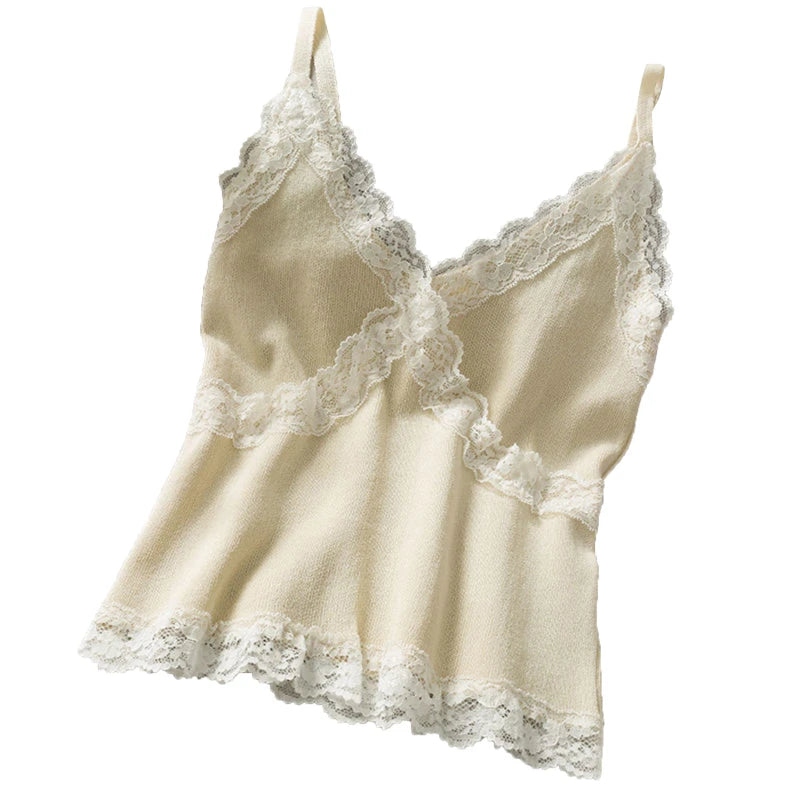 Women's Lace Cami Tank Top | Y2K Cropped Camisole | V-Neck Knit Sleeveless Top