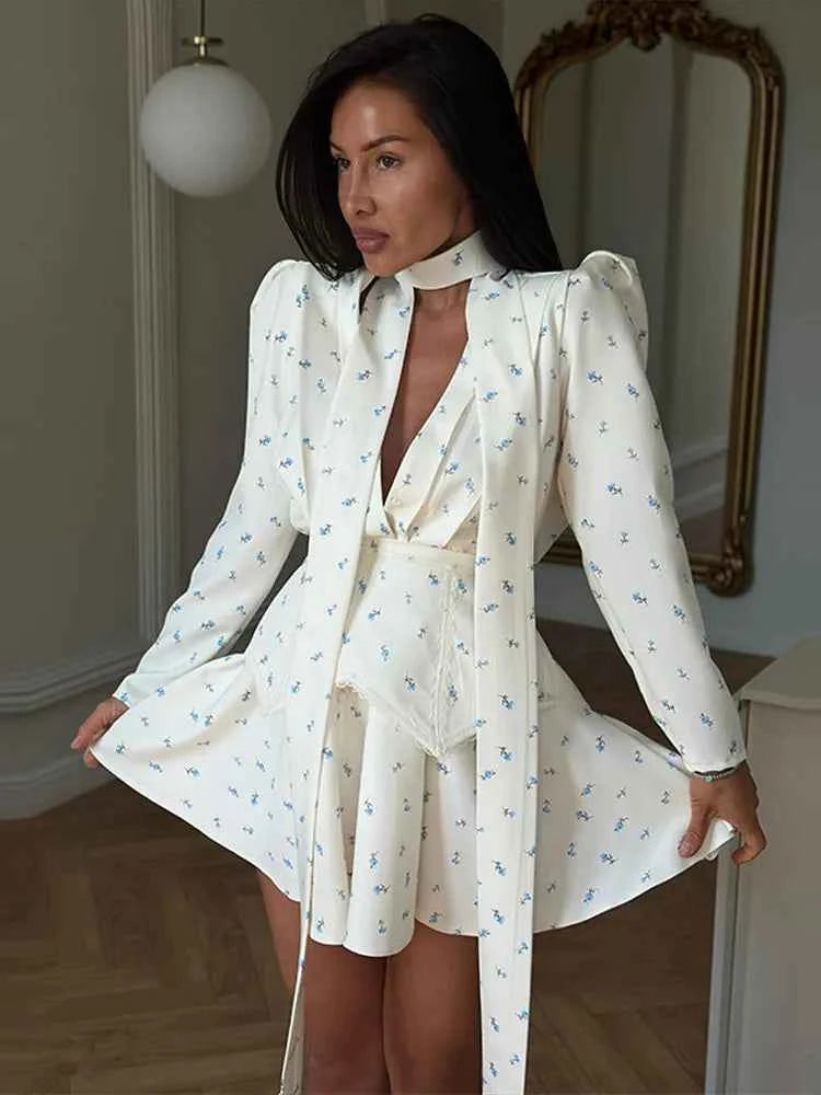 Women Floral Dress Choker Tie Midi Dress Deep V Long Sleeve Belt Waist Club Mini Dress Summer Wear Woman Clothes Daily Outfit