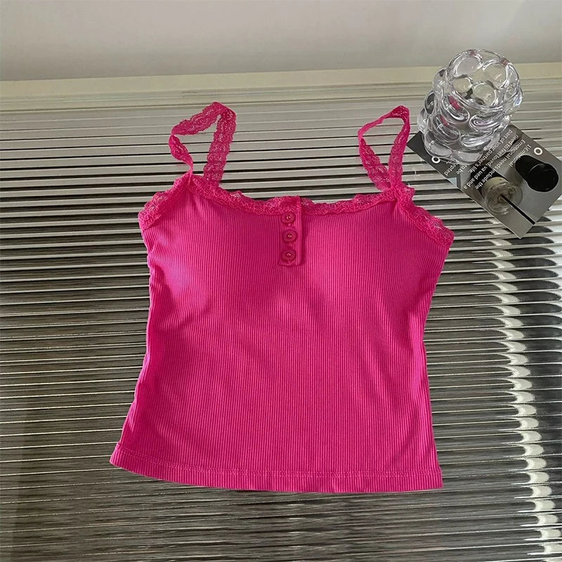 Women Summer 2025 Lace Fashion Tank Top Female Korean Style V Neck Sleeveless Sexy Blouse Cropped Knitwear