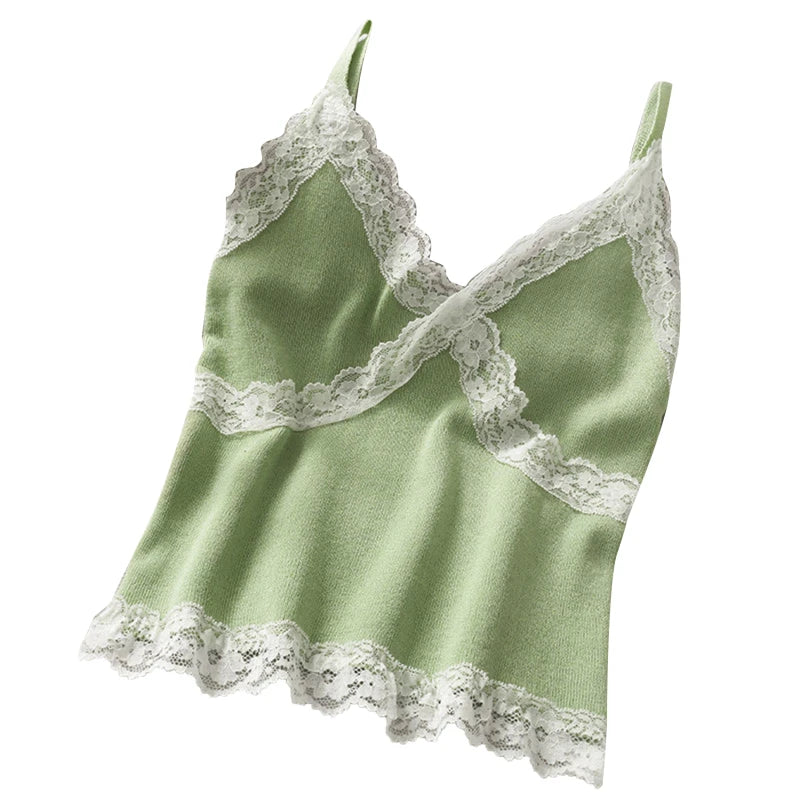 Women's Lace Cami Tank Top | Y2K Cropped Camisole | V-Neck Knit Sleeveless Top