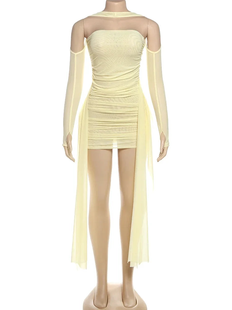 Strapless Mesh Mini Dress — Tassel Ribbon Body-Shaping Party Dress