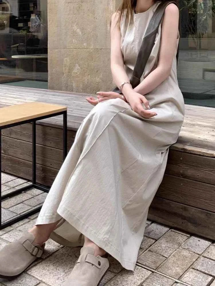 Casual Loose Simple Basic Woman Dress Black Beach Sleeveless Dresses Female Chicly French Summer New Solid Color Women Dress