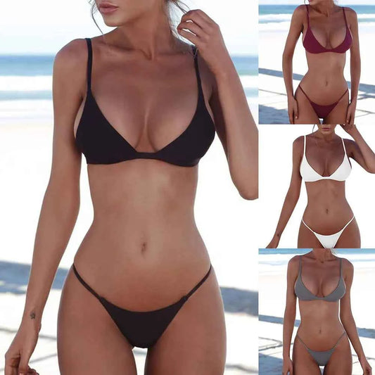 Womens Bikini Set Summer Swimsuit New Solid Color Two-piece Swimsuit Suit Fashion Casual Versatile Bikini Beachwear Bathing Suit