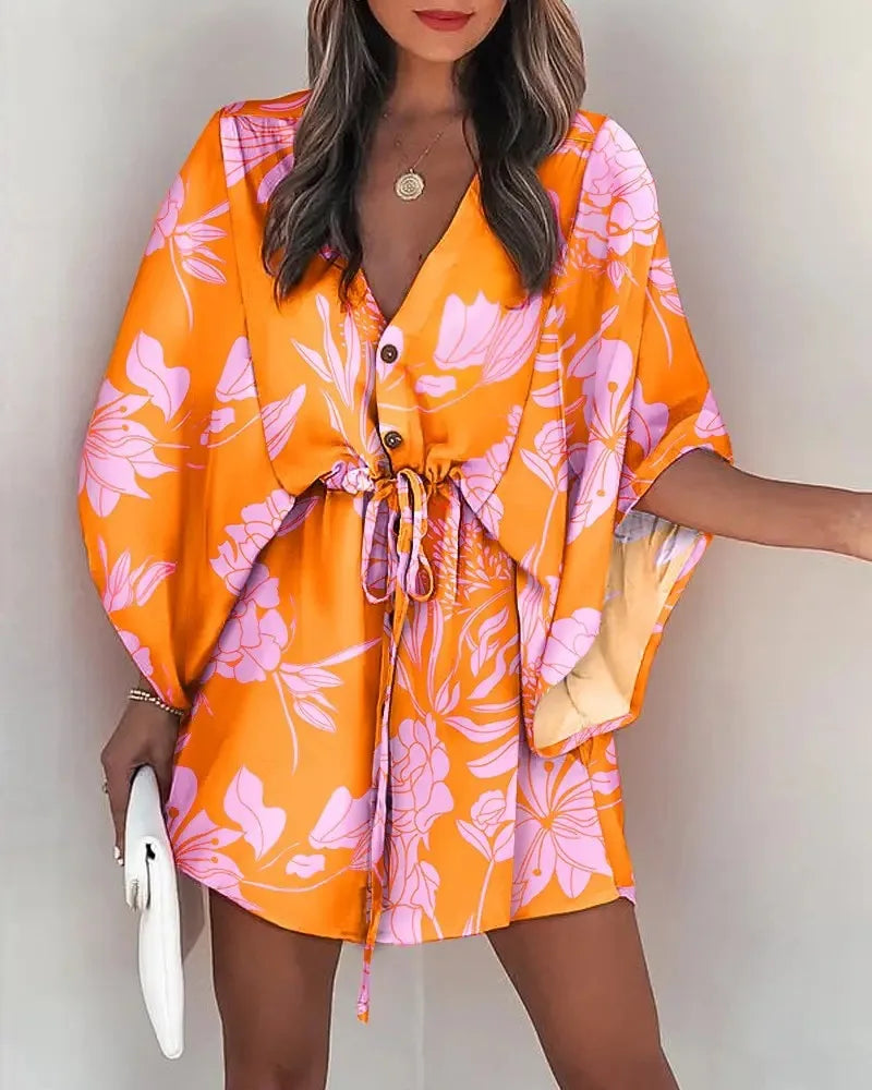 Floral Print V-Neck Boho Dress — Ruffle Hem Bat Sleeve Summer Dress