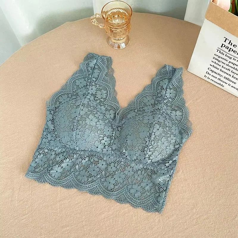 Floral Lace Bralette Camisole – Wire-Free Padded Deep V Crop Top for Women