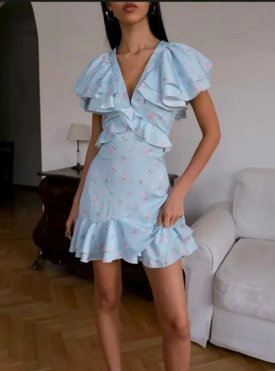 Floral V-Neck Ruffle Dress — Cinched Waist Layered Short Sleeve Dress