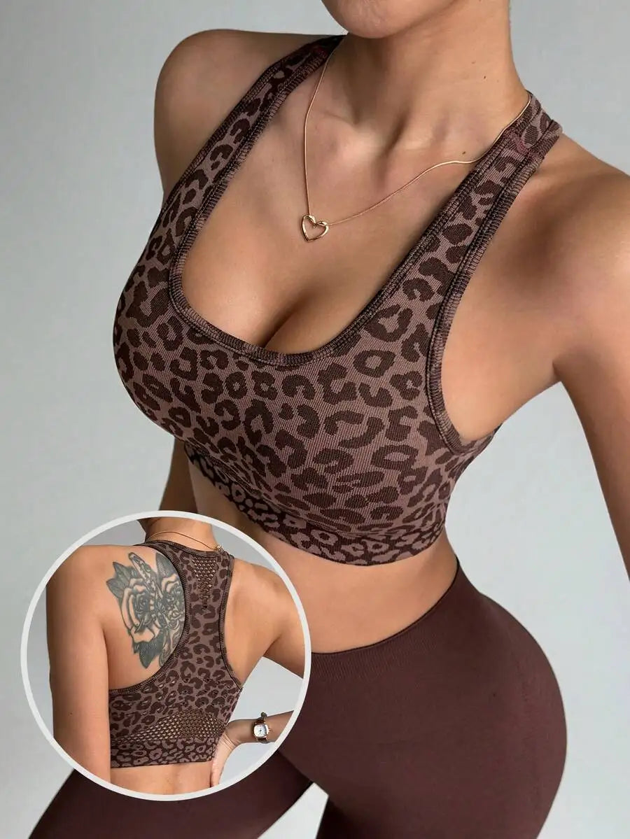 Women's Leopard Print Mesh Racerback Sports Bra | High Impact for Running, Yoga & Fitness