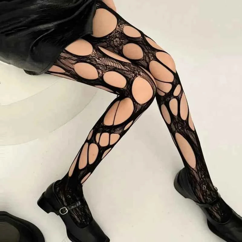 Women Sexy High Waist Fishnet Stockings Mesh Club Tights Panty Knitting Net Pantyhose Ripped Jeans Match Long Socks Lingerie Hot