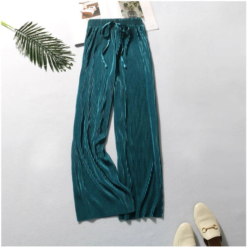 Women's Pleated Wide-Leg Pants | Ice Silk Loose Trousers with Elastic Waist