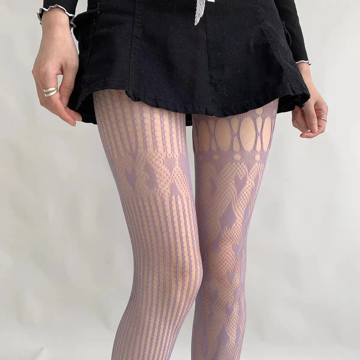 Heart Hollow Fishnet Pantyhose — Y2K Lace Mesh Tights & Body Stockings