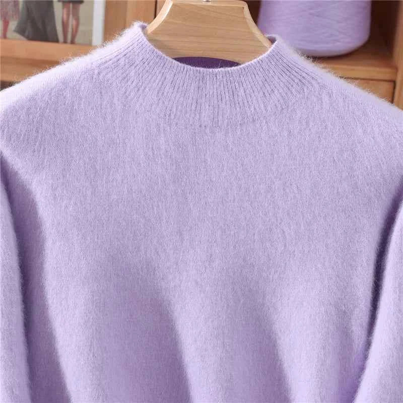 Autumn Winter New Mink Cashmere Sweater Women's Half-Height Color Matching Knitted Pullover Casual Padded Wool Bottoming Coat