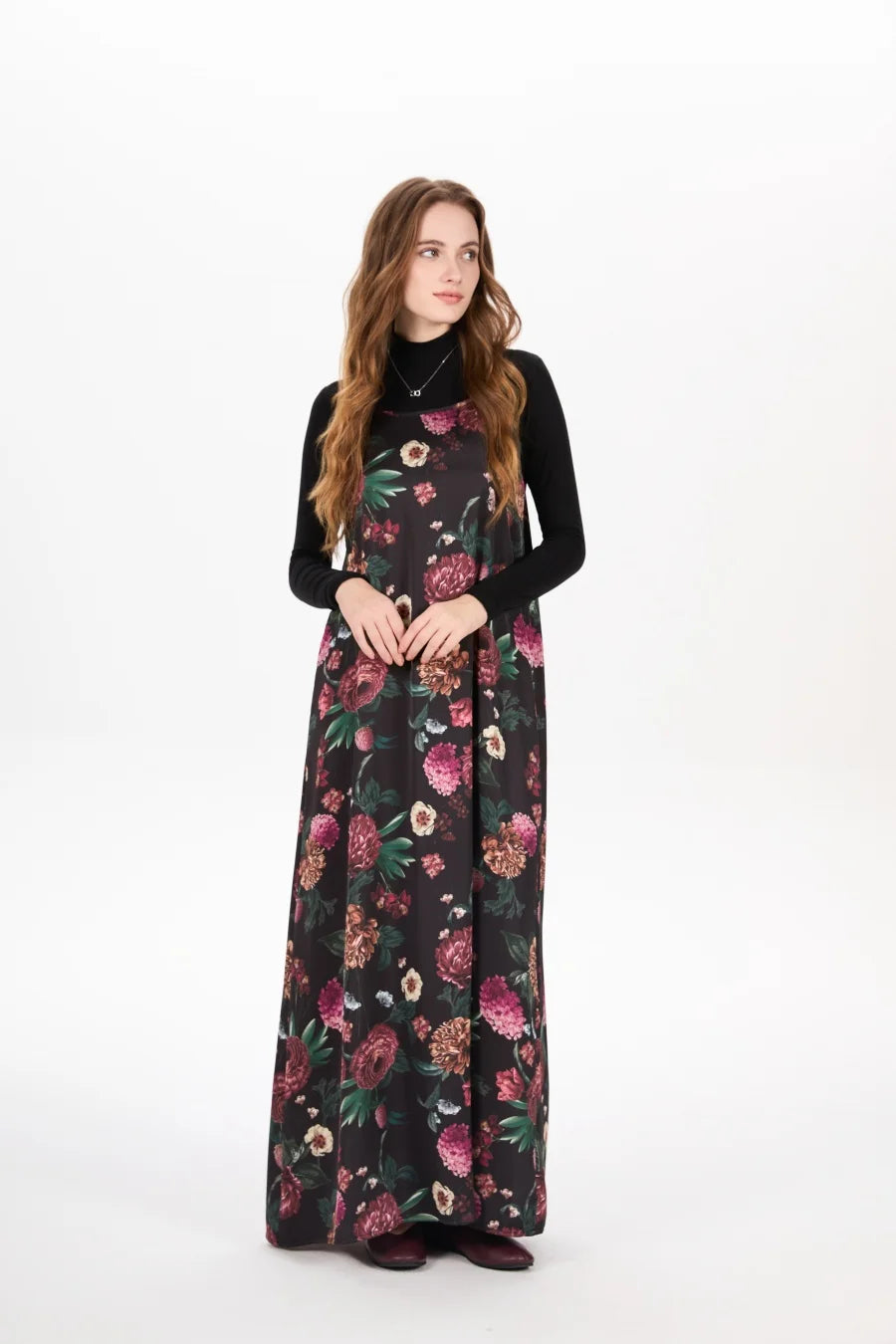 Satin Slip Maxi Dress — Mock Neck Adjustable Floor-Length Dress
