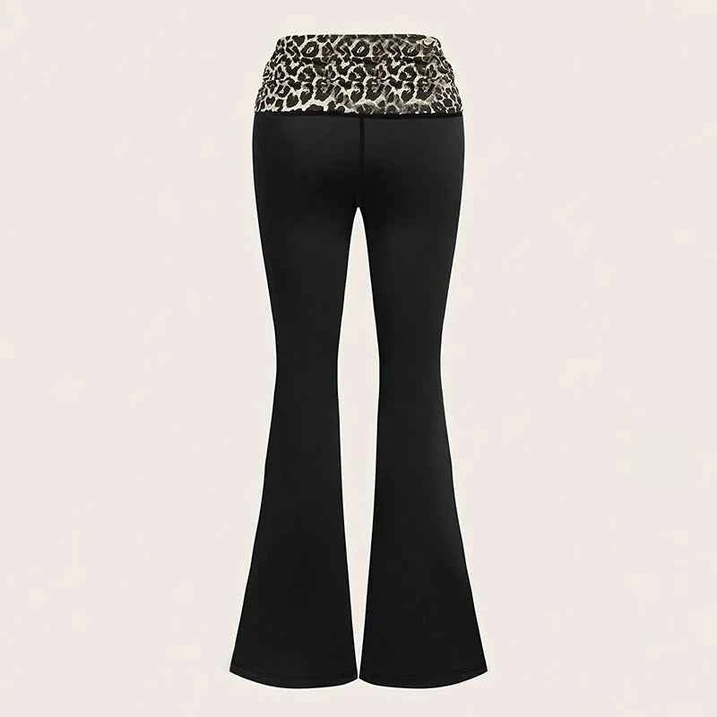 Fashion Leopard Patchwork Flared Leggings Women American Casual Sports Tights Woman Spring Autumn Thin Breathable Wide Leg Pants