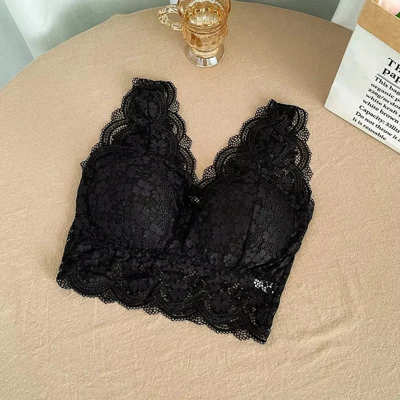 Floral Lace Bralette Camisole – Wire-Free Padded Deep V Crop Top for Women