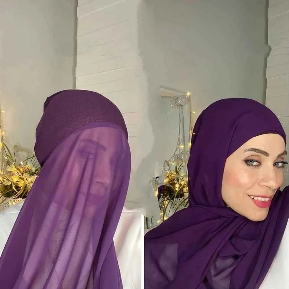 Instant Hijab with Tube Caps Women Premium Chiffon Hijab Muslim Soft Modal Cotton Open Caps Solid Colors Chiffon Shawl Turban