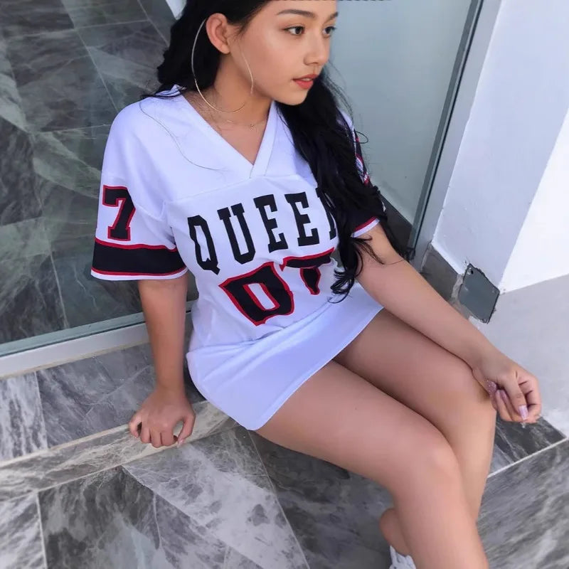 V-Neck Letter Print Mini Dress — Sporty Short Sleeve Streetwear