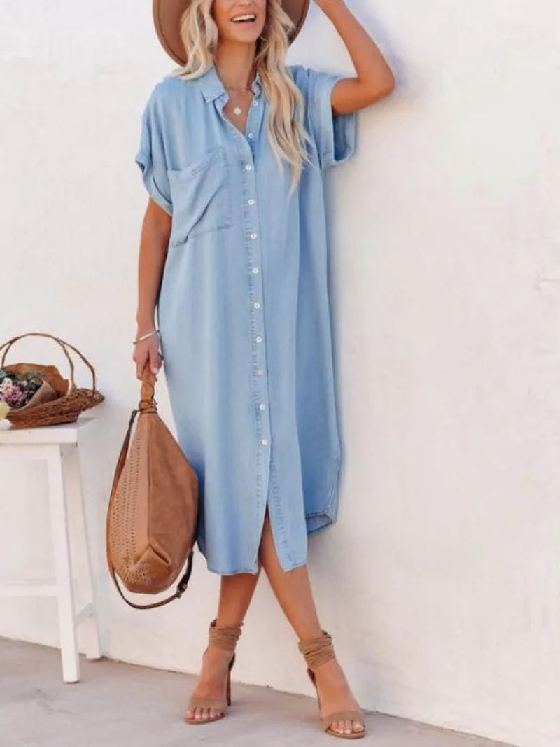 Shirt Dress with Slit — Casual Loose Short Sleeve Button-Up Dress