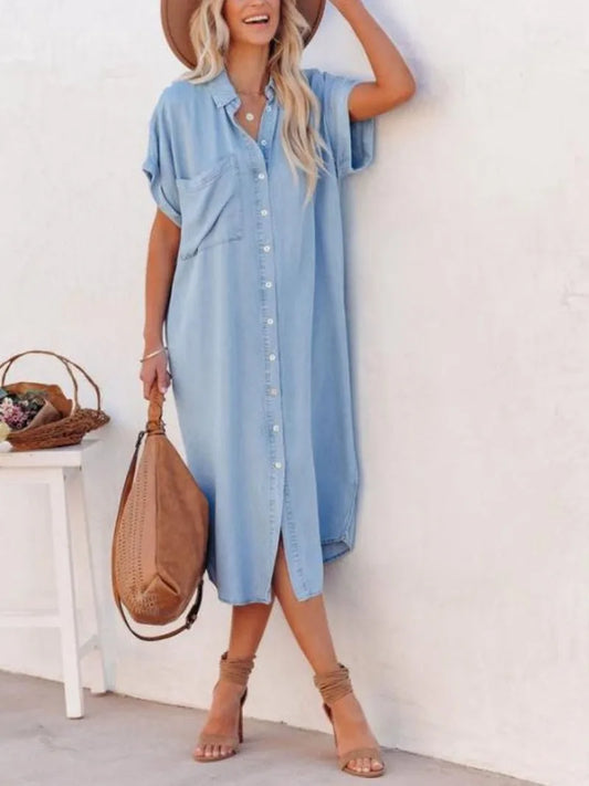 Shirt Dress with Slit — Casual Loose Short Sleeve Button-Up Dress
