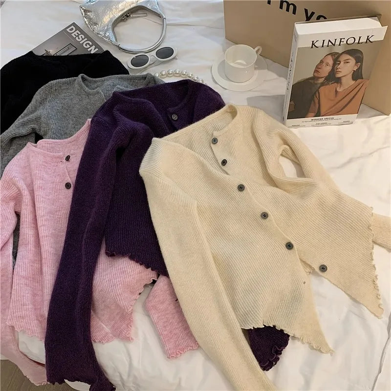 Irregular Knitting Cardigan Women Spring Autumn Flare Sleeve Ruched Solid Sweaters Design Flattering Waist Simple Commuting Chic