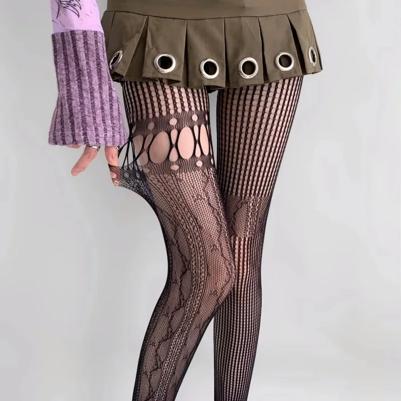 Women Sexy High Waist Fishnet Stockings Mesh Club Tights Panty Knitting Net Pantyhose Ripped Jeans Match Long Socks Lingerie Hot