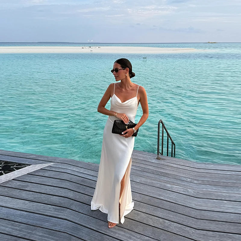 Satin Backless Maxi Dress — V-Neck Sleeveless Beach Vacation Gown