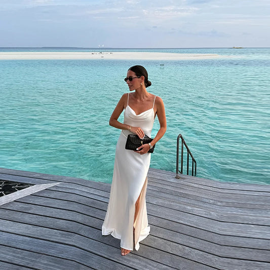Satin Backless Maxi Dress — V-Neck Sleeveless Beach Vacation Gown