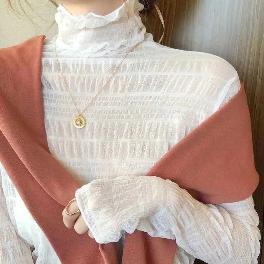 Sheer Lace Mesh Blouse for Women — Long Sleeve, See-Through Turtleneck Top