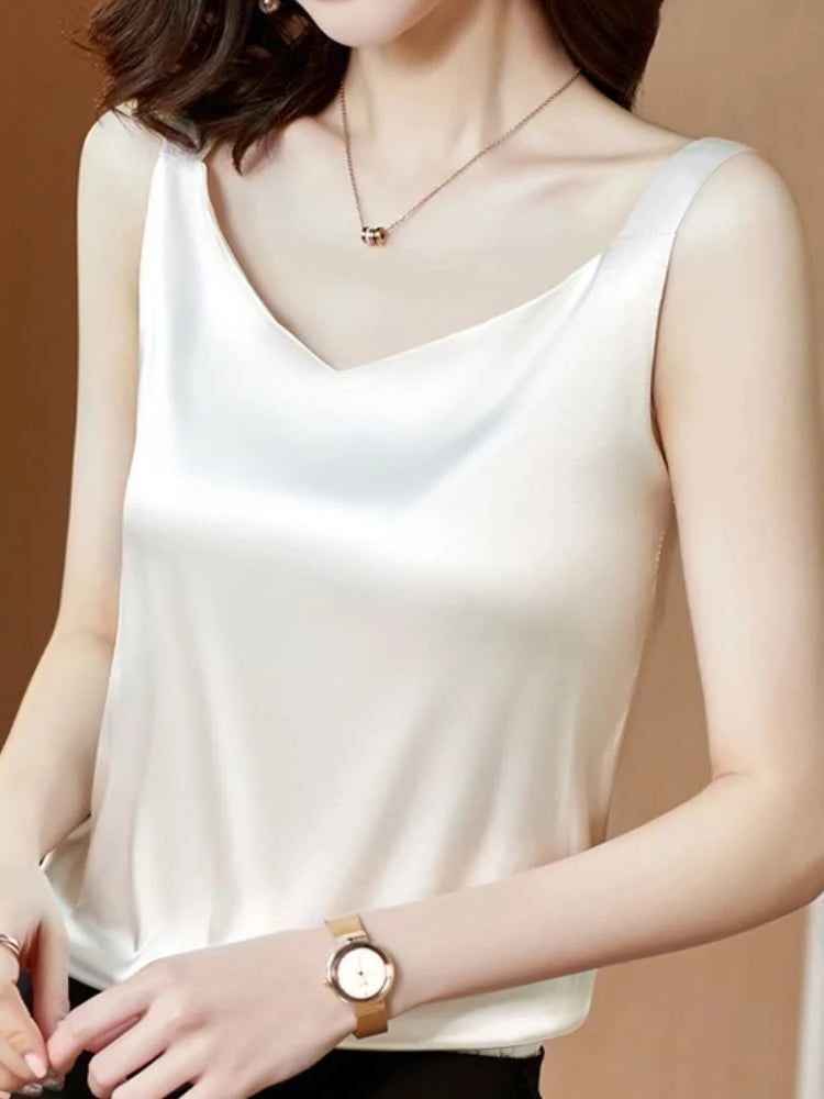 Women's Satin Silk Blouse – Sleeveless V-Neck Top | White, Black & Champagne Gold