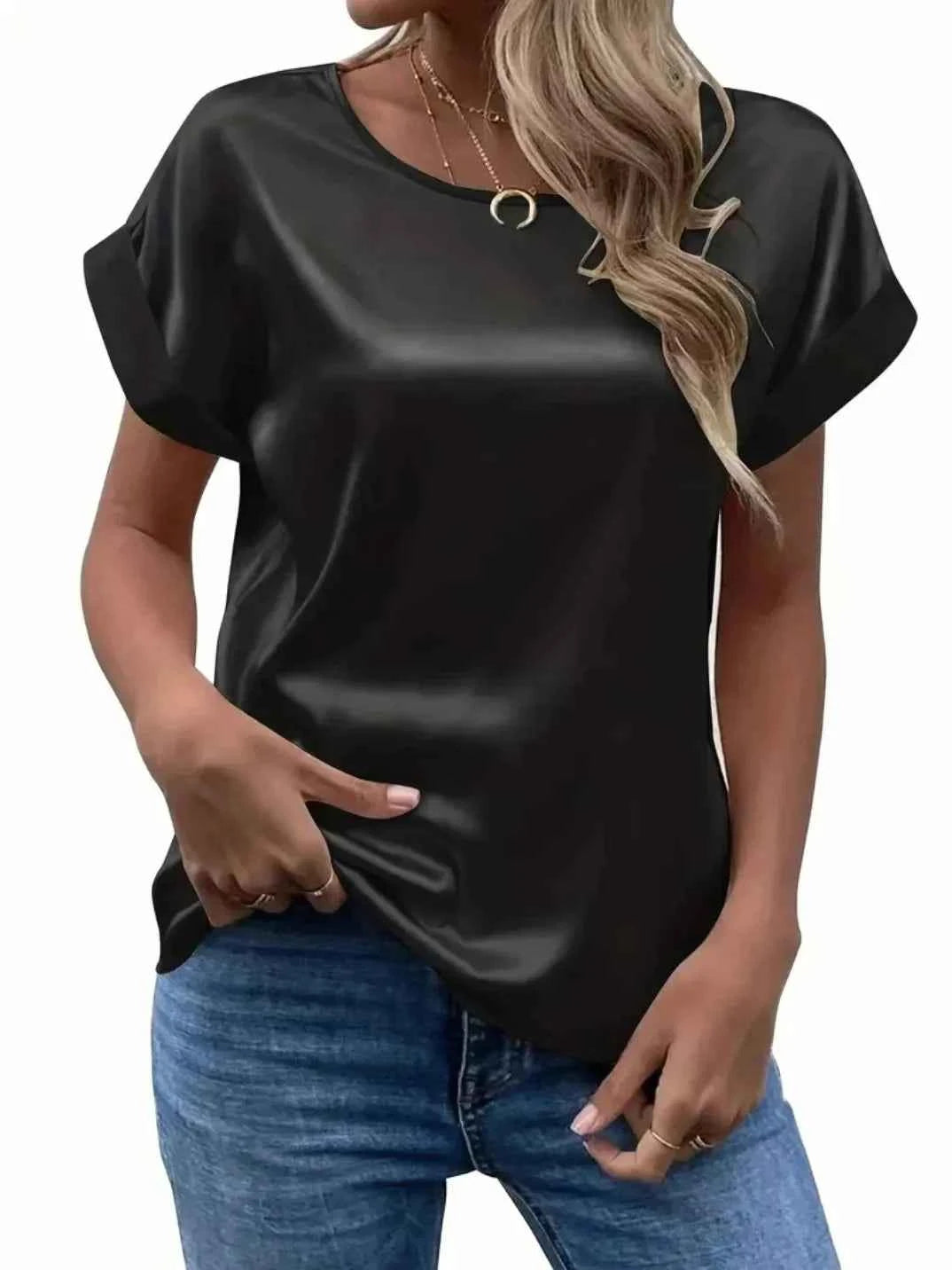 Satin Batwing Blouse for Women — Loose Fit, O-Neck Summer Top in 4 Colours