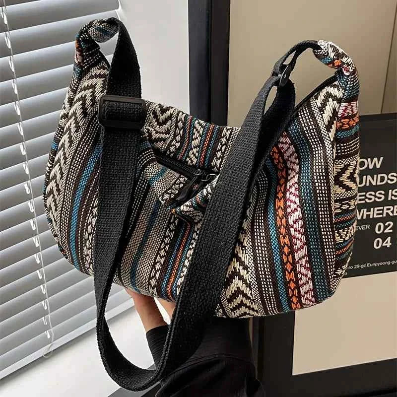 Women's Tribal Stripe Crossbody Bag – Boho Canvas Shoulder Bag with Zipper & Interior Pocket