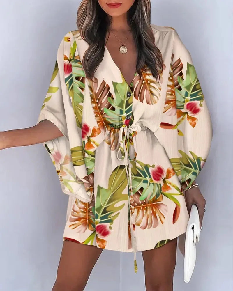 Floral Print V-Neck Boho Dress — Ruffle Hem Bat Sleeve Summer Dress