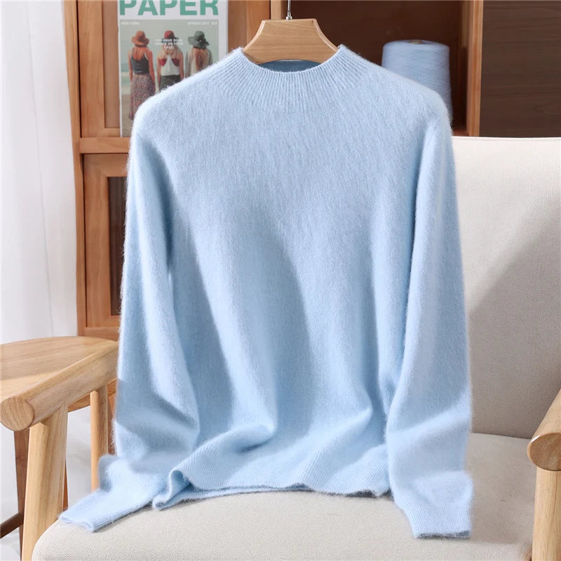 Autumn Winter New Mink Cashmere Sweater Women's Half-Height Color Matching Knitted Pullover Casual Padded Wool Bottoming Coat