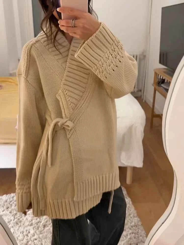 Chic V-neck Knitted Lace-up Women Cardigan Elegant Solid Full Sleeve Loose Cropped Sweater 2026 Lady Commute Office Cardigans