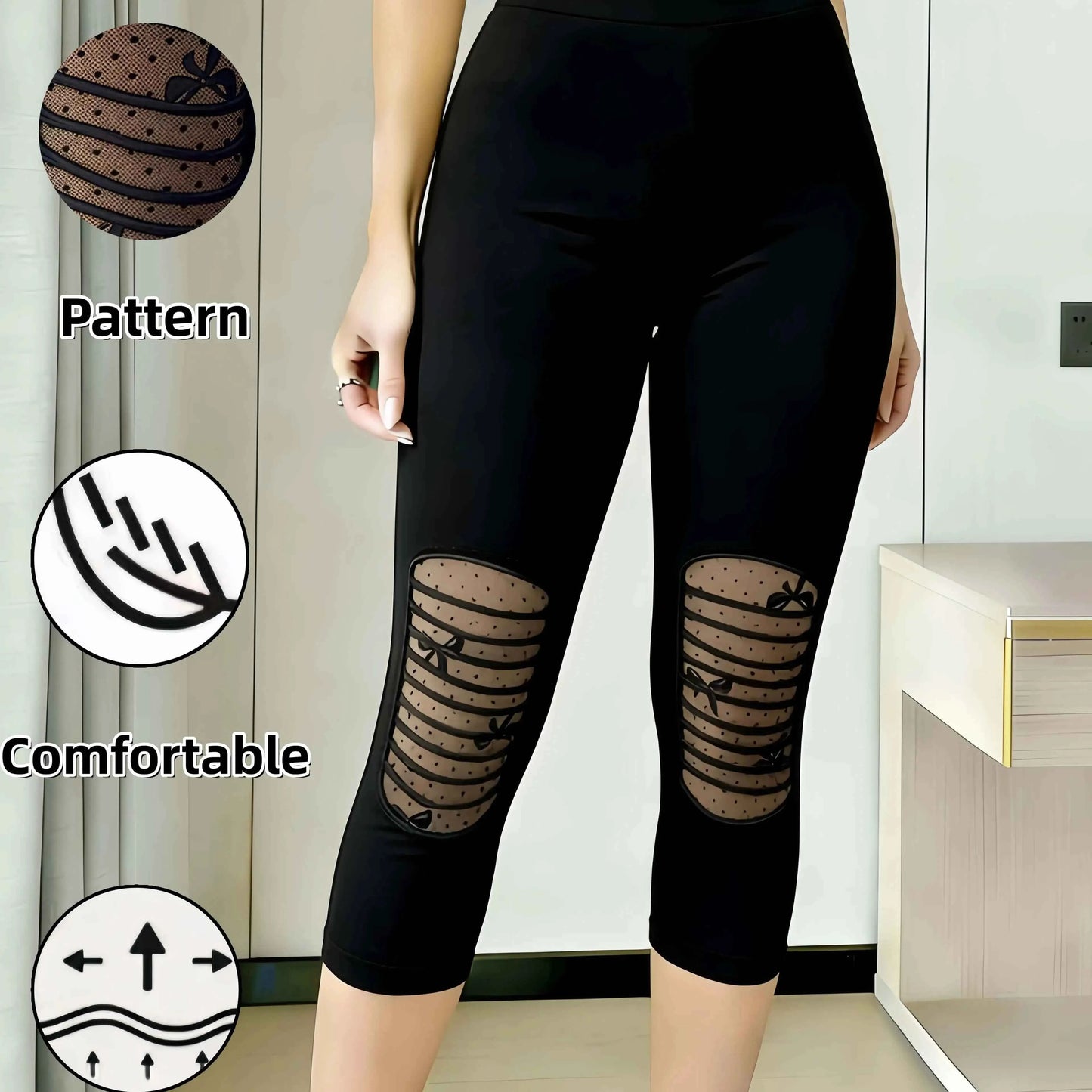 Women's Fashion Polka Dot Mesh Patchwork Capri Leggings High Waist Stretchable Comfortable Breathable Slimming Perfect for Daily