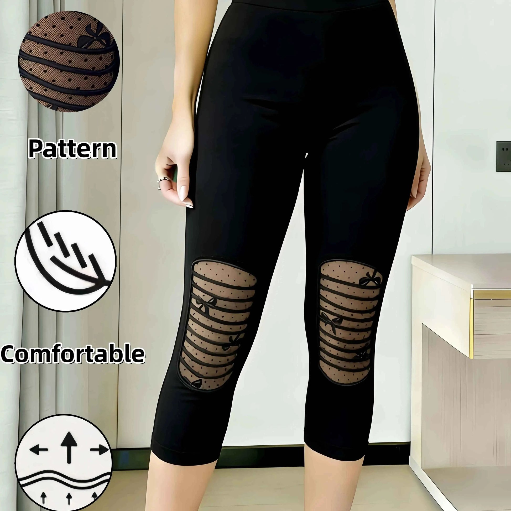 Women's Fashion Polka Dot Mesh Patchwork Capri Leggings High Waist Stretchable Comfortable Breathable Slimming Perfect for Daily