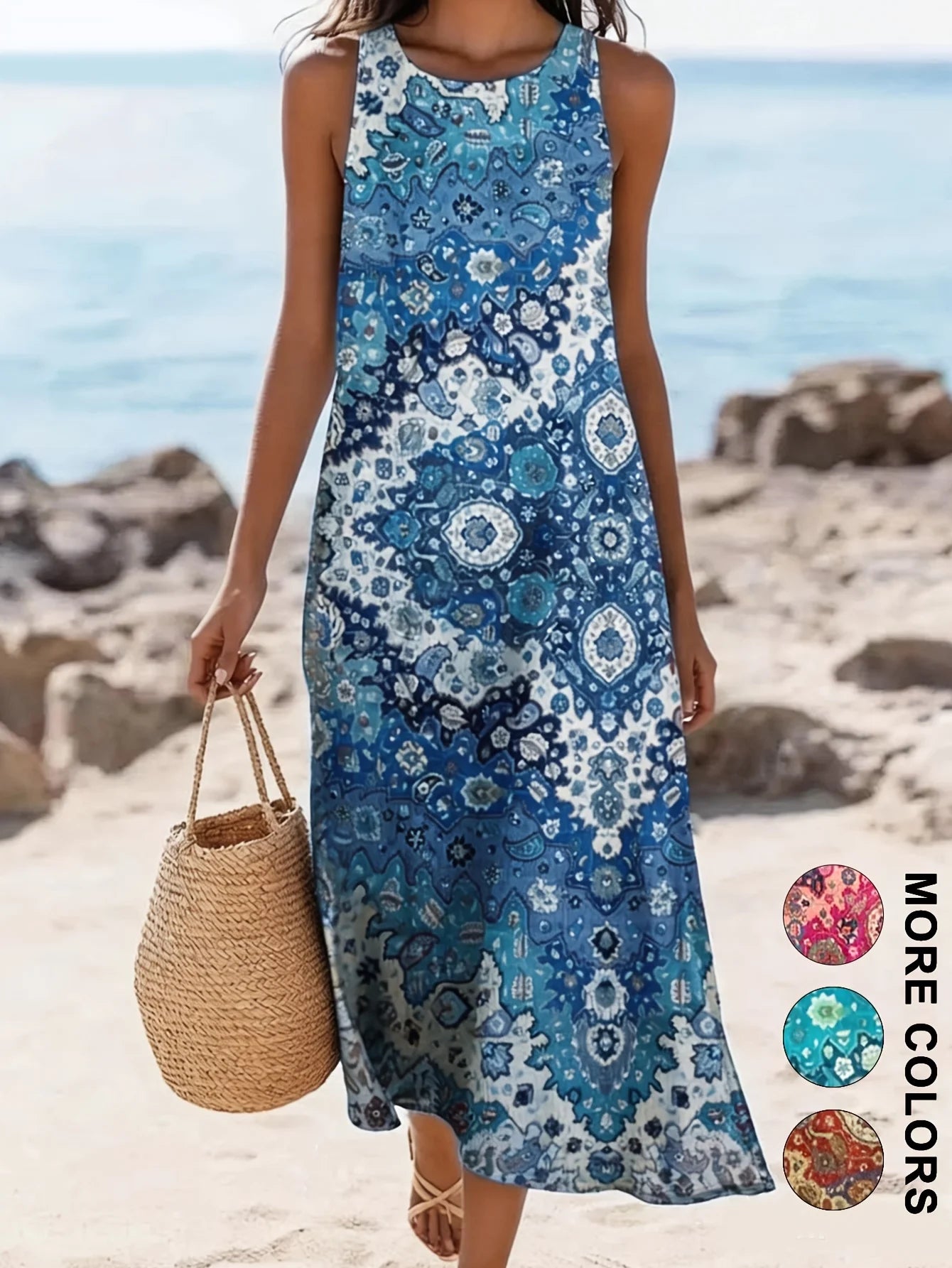 Bohemian Floral Midi Sundress — Sleeveless Beach Dress with Pockets