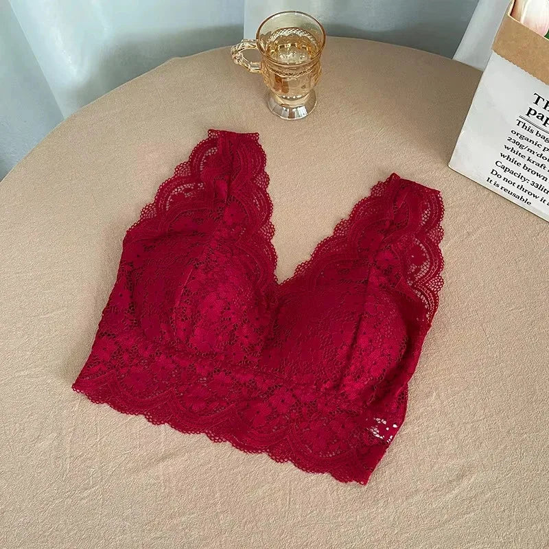 Floral Lace Bralette Camisole – Wire-Free Padded Deep V Crop Top for Women