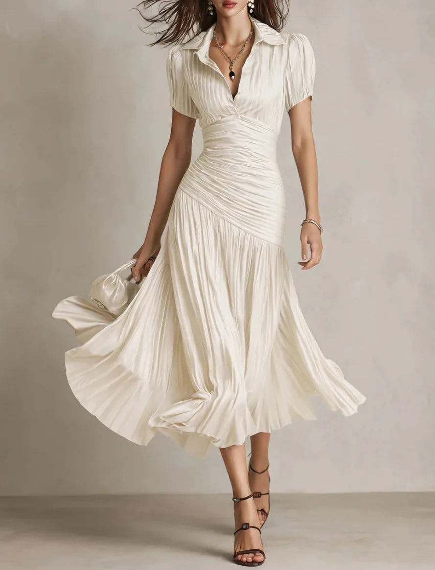 Striped High-Waist Shirt Dress — Short Sleeve Lapel A-Line Skirt