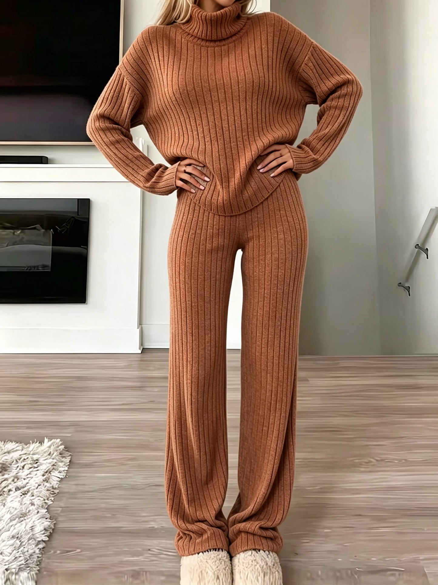 Women Ribbed Knit 2 Piece Outfit, Turtleneck Long Sleeve Sweater Top & High Waist Wide Leg Pants Set, Casual Loungewear Matching Sweatsuit For Daily Wear