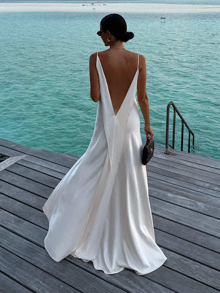 Satin Backless Maxi Dress — V-Neck Sleeveless Beach Vacation Gown