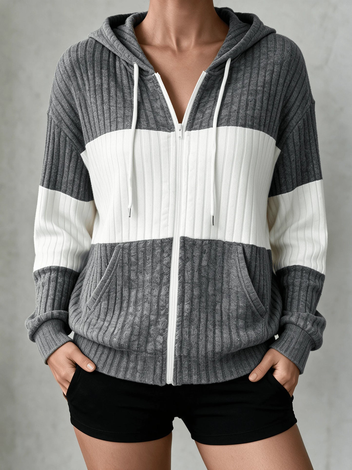 Women's Plaid Zip-Up Hooded Cardigan | Tassel Detail 3/4 Sleeve Loose Fit Jacket S–XXL