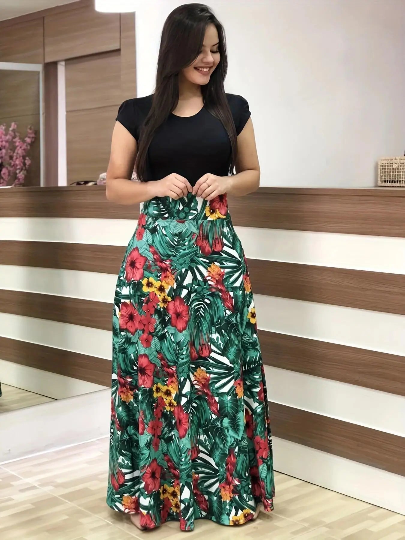 Floral Print Swing Dress — Short Sleeve Color Block Midi Skirt
